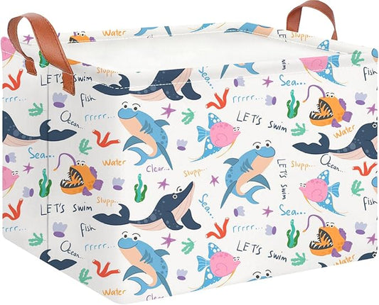 CLOCOR Rectangular Storage Basket Empty,Gift Basket for Kids,Waterproof Storage Bin with Handles,Room Decor(Cute Ocean)