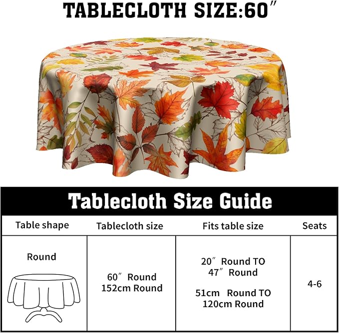 Fall Round Tablecloth 60 Inch Autumn Maple Leaf Table Cloth Round Orange Autumn Thanksgiving Harvest Themed Decorative Tablecloths Fall Circle Table Cover for Home Kitchen Dining Room Living Room