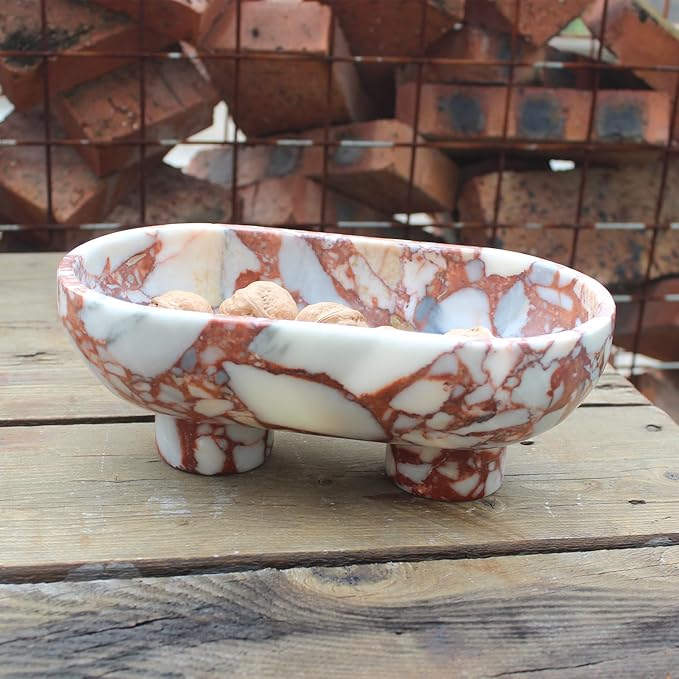 Natural Oval Calacatta Red Marble Fruit Bowl for Kitchen Counter 10", Large Decorative Bowl Two-Legs for Home Decor, Fruits Holder For Dining Table - Kitchen Organization