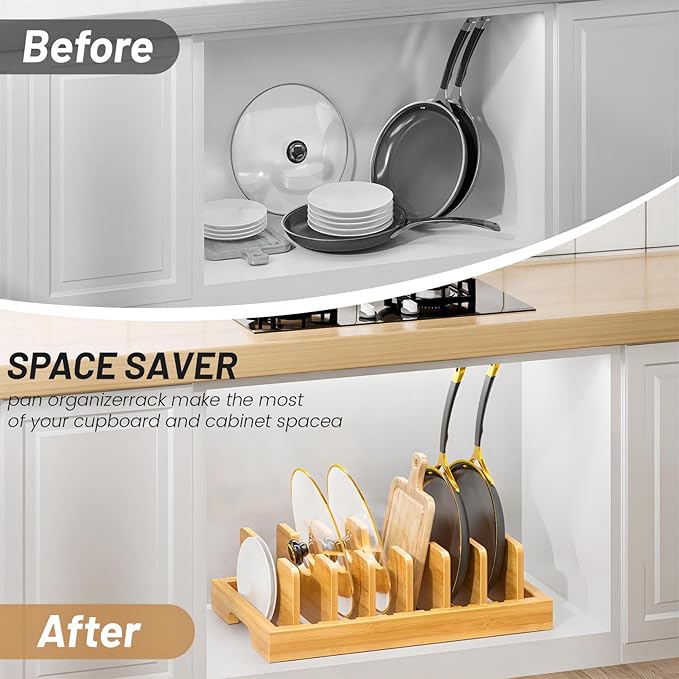 Bamboo Pot and Pan Organizer, Pot Lid Organizer Holder Rack for Countertop Drawer, Kitchen Cabinet Organizer with 7 Adjustable Dividers for Pots, Pans, Baking Sheets, Cutting Boards, Nature
