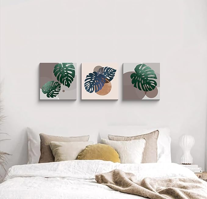 NAN Wind 3Pcs Tropical Leaf Wall Art Palm Frond and Foliage Canvas Print with Bold Orange Teal Yellow Shapes Mid-Century Modern Botanical Plant Pictures for Boho Living Room Bedroom Office Wall Decor