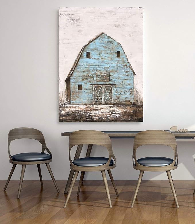 Yihui Arts Modern Abstract Farmhouse Wall Art Hand Painted Teal and Blue Barn Painting Pictures for Living Room Decoration