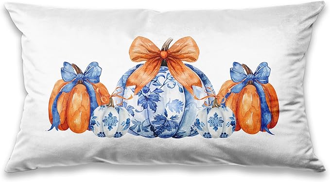 Chinoiserie Fall Pumpkin Pillow Covers 20x12,Autumn Decor,Blue and White Orange Chinoiserie Pumpkin Decorative Throw Pillow Covers for Home Bedroom Living Room