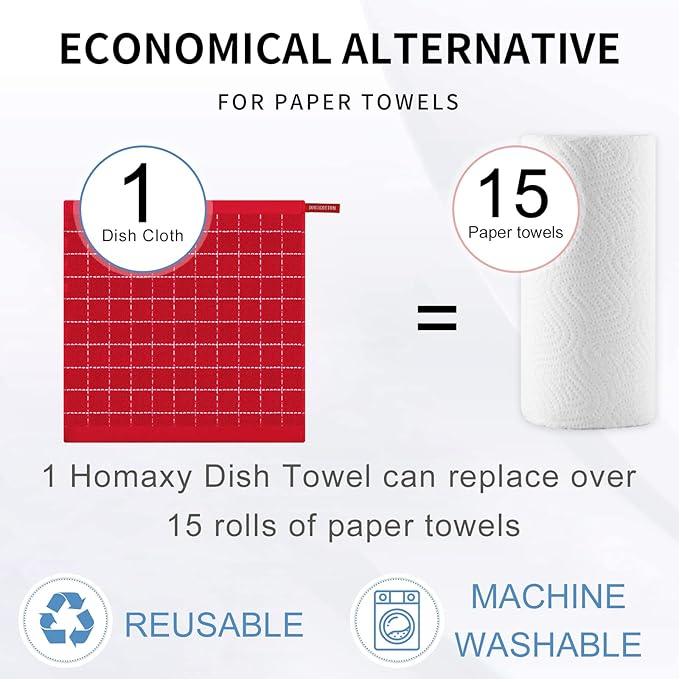 Homaxy 100% Cotton Terry Kitchen Dish Cloths, Ultra Soft and Absorbent Dish Towels for Kitchen, Suitable for Drying and Washing Dishes, 6 Pack, 12 x 12 Inches, Red