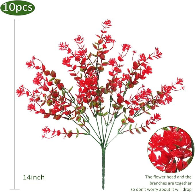 Fake Greenery Boxwood Plant Outdoor Artificial Flowers UV Resistant Fake Boxwood Plastic Plants Greenery Shrubs for Summer Indoor Outdoor Garden Patio Window Box Kitchen Home Decor(Red)