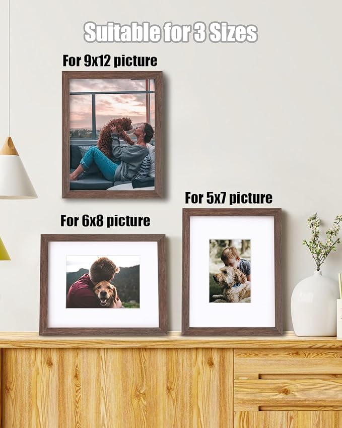 Egofine 9x12 Picture Frames Set of 4, Made of Solid Wood Covered by Plexiglass 5x7 and 6x8 with Mat or 9x12 without Mat, for Table Top Display and Wall Mounting Photo Frame Brown