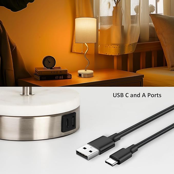Marble Base Table Lamp - Modern Bedside Lamp with USB Port & Pull Chain, Lamp for Bedroom, Living Room, or Office - Elegant Marble and Metal Design