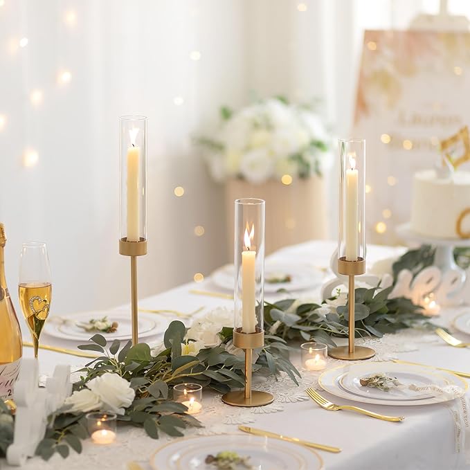Glass Hurricane Candlestick Holders Gold - Romadedi 18 PCS Taper Candle Holder Bulk Tall Clear Glass Cylinder Table Centerpiece Wedding Decor Party Birthday Christmas Home Decorations