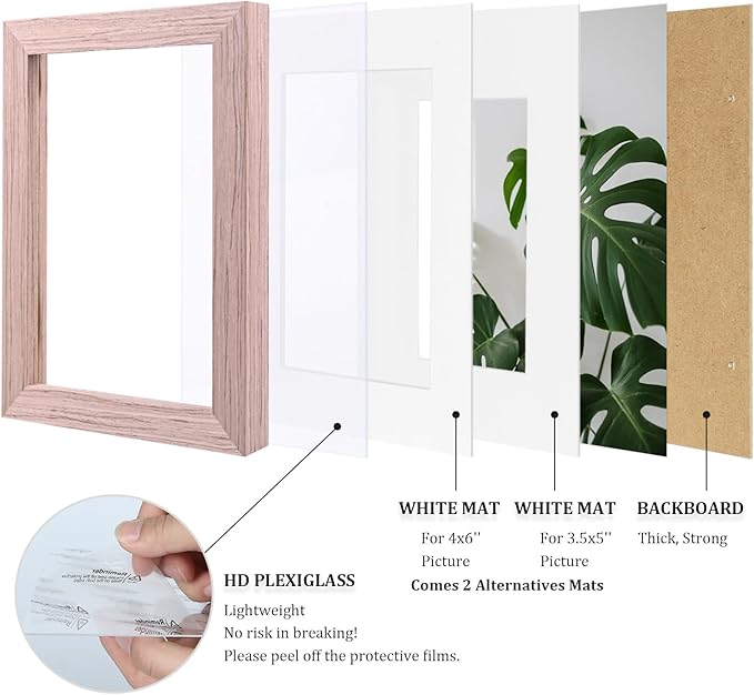 Egofine 5x7 Picture Frames Set of 4, Made of Solid Wood Covered by Plexiglass 3.5x5 and 4x6 with Mat or 5x7 without Mat, for Table Top Display and Wall Mounting Photo Frame Peach Pink