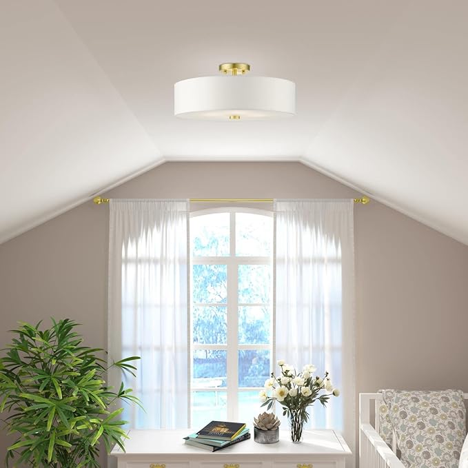 Livex Lighting 51055-12 Meridian Collection 4-Light Semi Flush Mount Ceiling Light with Off-White Hardback Fabric Shade, Satin Brass, 18 x 18 x 8.13