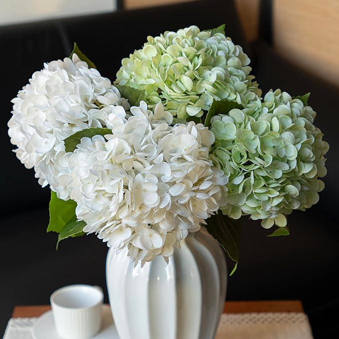 4Pcs 22 inch Lifelike Artificial Hydrangea,2 White & 2 Light Green Large Real Touch Flowers Artificial Flowers Dry Flowers Outdoor Wedding Christmas Office Family Party Living Room Table Deco