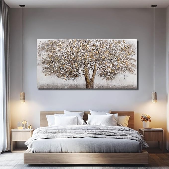 CHUDANHAO Large Canvas Wall Art Decorative Paintings Grey Room Decor Gold Tree Picture Scenery Artwork for Living Room Bedroom Hotel 29"x58"