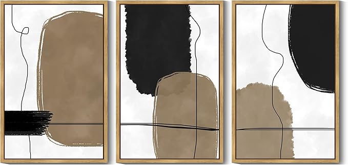KUVIOKE Abstract Wall Art Framed Neutral Beige Mid Century Textured Artwork Black Minimalist Line Modern Illustrations Bedroom Hallway Ready to Hang 24x36in (Natural Framed)