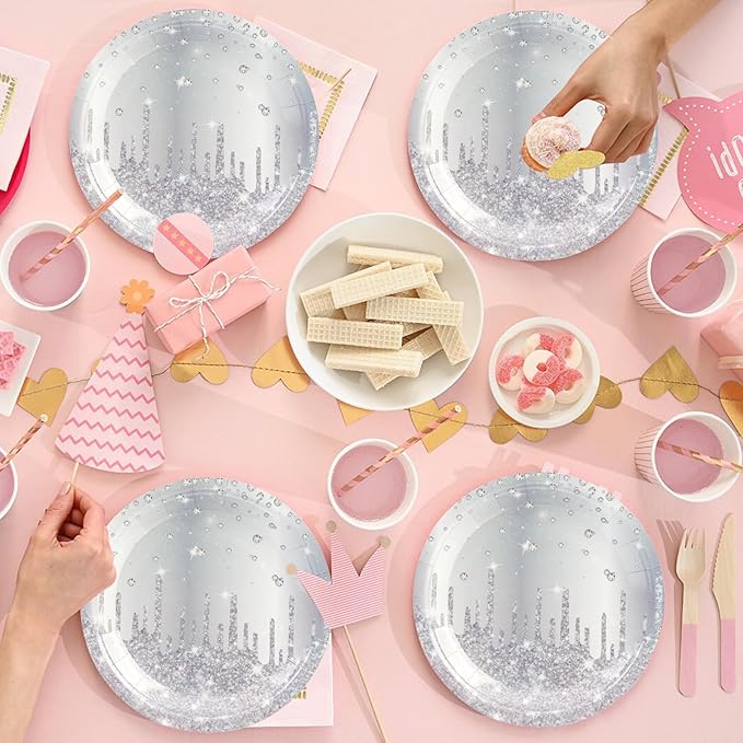 50PCS Silver Glitter Paper Plates - 7inch Silver Diamond Birthday Dessert Plate for Cake Salad Pizza Disposable plates Supplies for Girls Women Mermaid Anniversary Birthday Wedding Theme Party