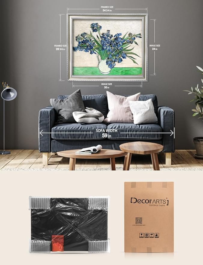 DECORARTS - Vincent van Gogh's Vase with Irises (1889), Museum-Quality Giclee Canvas Print in Silver Solid Wood Frame, 34.75 x 28.75 in, Ready to Hang, Made in USA