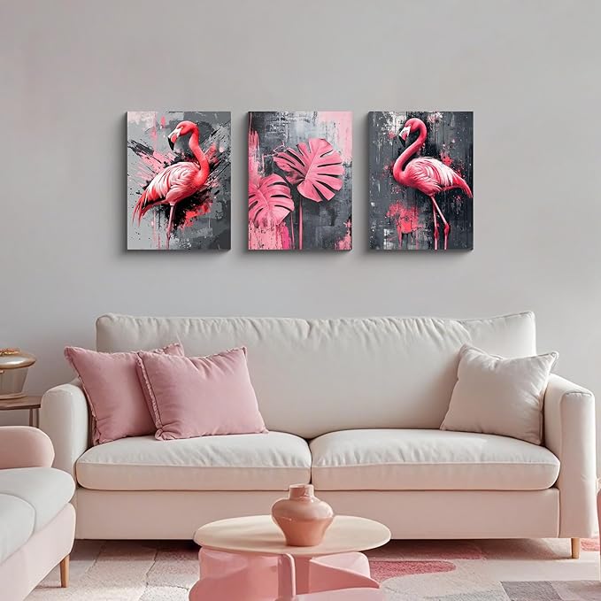 NAN Wind 3PCS Pink Flamingo Wall Art Modern Tropical Monstera Leaves Canvas Print Palm Leaf Bird Wall Decor Contemporary Botanical Print Nature-Inspired Artwork Living Room Decor Bedroom Home Office