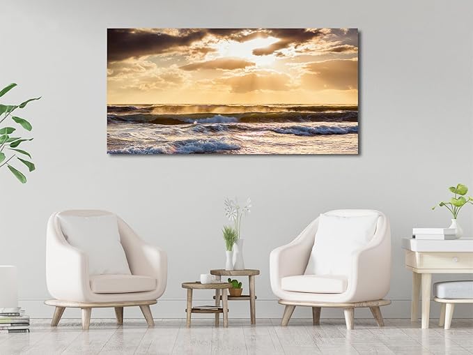 Sunset Ocean Canvas Wall Art - Ocean Waves Wall Decor Glow Sea Scene Picture Painting Nature Landscape Prints Sunset Over the Ocean Painting Artwork Living Room Bedroom Office Home 29" x 58"