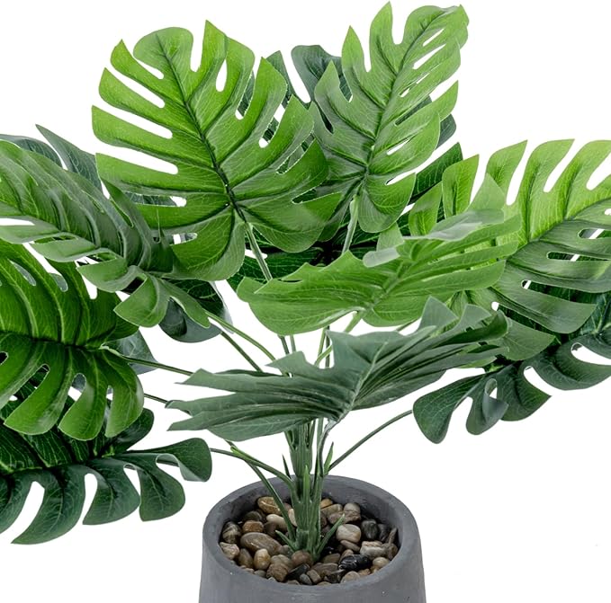 MyGift 16 Inch Tall Artificial Monstera and Banana Leaf Plant in Gray Concrete Planter Pots, Decorative Tabletop Faux Greenery Potted Indoor Plants, 2 Piece Set