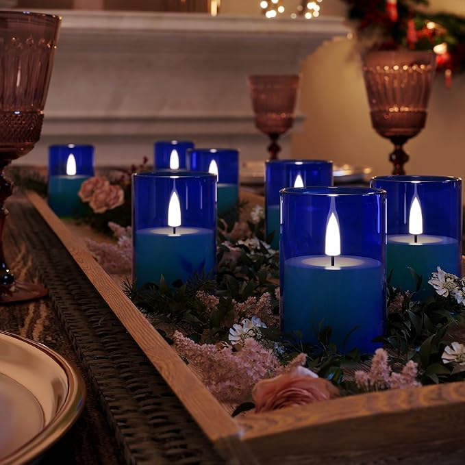 12Pack Flickering Flameless LED Candles with Timer, Battery Powered - Small Pillar & Votive, Acrylic Made, Blue (2"X3")