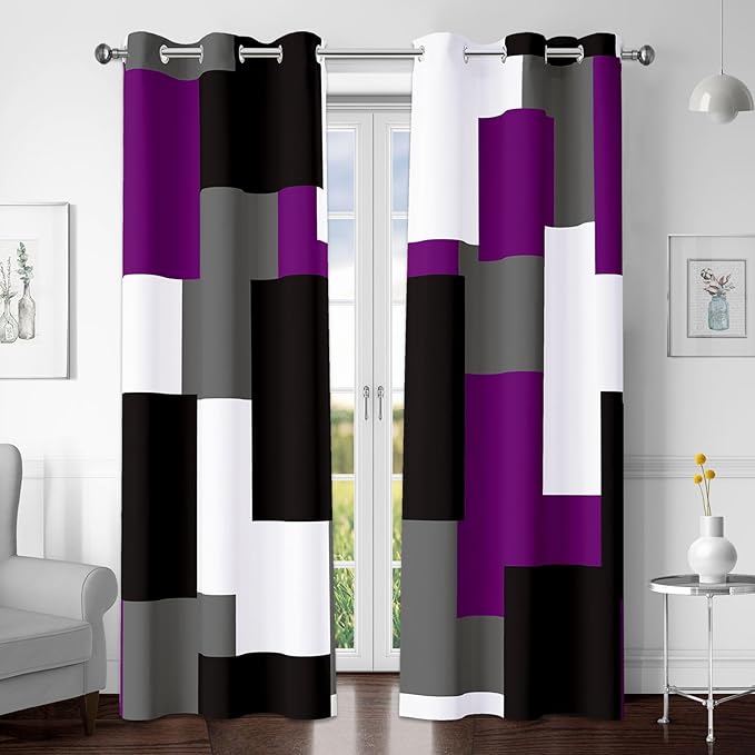 Purple 100% Blackout Curtains for Bedroom 72 inch Length 2 Panels Set Grey Modern Abstract Geometric Black Out Curtains Thermal Insulated Room Darkening Window Drapes for Living Room, 42Wx72L