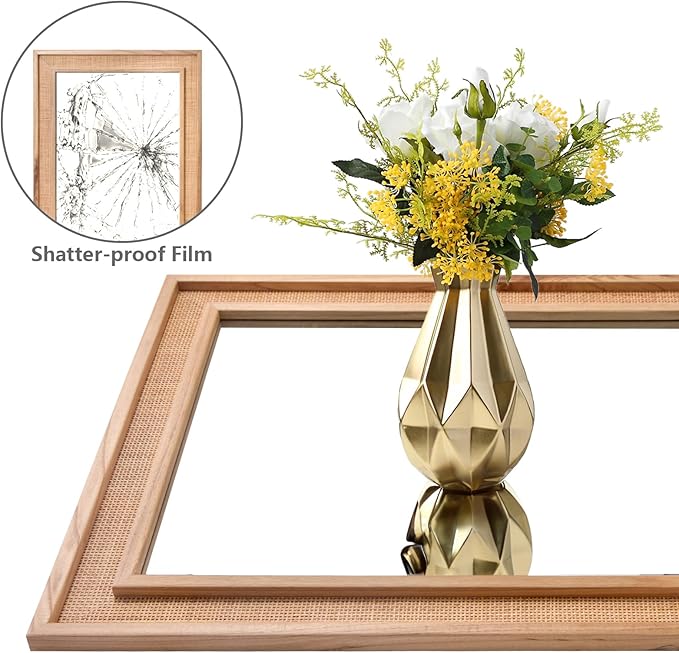 Rattan Wall Mounted Mirror 24"x32" Wood Framed Farmhouse Hanging Bathroom Mirror Decorative Rectangle Wall Mirror Leaning Against for Bedroom Living Room