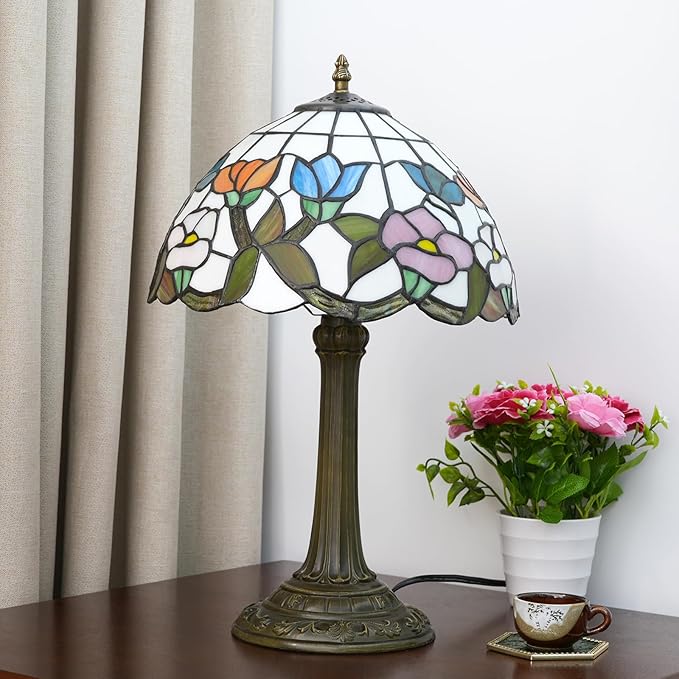 Tiffany Stained Glass Table Lamp, 12 Inch Pastoral Style Morning Glory Design Bedside Lamp, Suitable for Bedroom, Dining Room and Other Home Decoration Art (Pink, Blue and Orange)