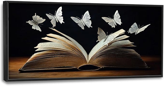 Olivine Butterfly Large Wall Art, Book Pictures Wall Decor, Bookish Butterfly Painting, Reading Nook Canvas Prints, Framed Artwork for Dining Room Living Room Bedroom Library Office Home Decor 60"x30"