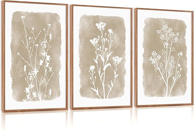 CHDITB Minimalist Floral Framed Canvas Wall Art Set, Nature Inspired Botanical Wall Decor, Flower Silhouette Art Spiritual Wall Painting, Vintage Plant Wildflower Art Prints for Bedroom Office