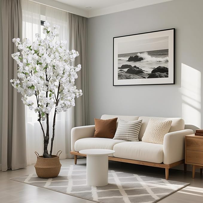 Artificial White Cherry Blossom Tree 6ft(72in) Faux Floor Green Plant for Indoor Decor Natural Potted Tree Realistic Cherry Flowers Wood Trunk for Home Living Room,Office Perfect Housewarming Gift