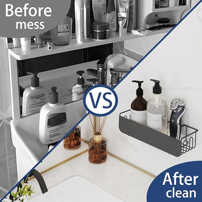 Epock Adhesive Shower Caddy, No Drill Shower Shelves 2 Pack 4 Hooks Rust-Proof Metal Bathroom Organizer shower rack with for Bathroom, Kitchen, RV Storage, Matt Black