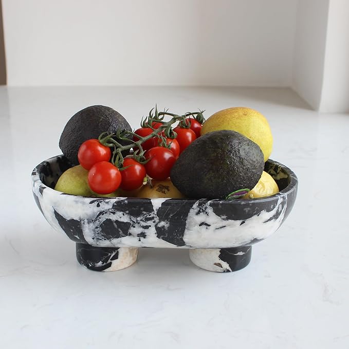 Natural Oval Calacatta Black Marble Fruit Bowl for Kitchen Counter 10", Large Decorative Bowl Two-Legs for Home Decor, Fruits Holder For Dining Table - Kitchen Organization