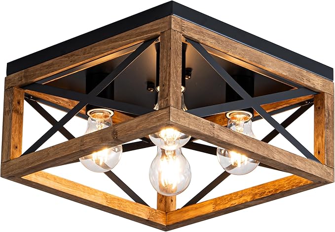 Farmhouse Ceiling Light, 4-Light Flush Mount Ceiling Light with Black Metal and Wood, Rustic Light Fixture for Hallway, Entryway, Kitchen