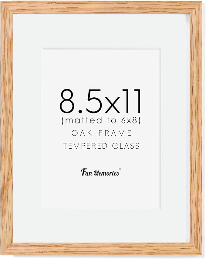 8.5x11 Picture Frame, Oak Wood Frame 8.5 x 11, 8.5 by 11 Wood Frames with Glass, 8.5x11 Matted frame for 6x8, Real Wood 8.5"x11" Photo Frame with Stand, Natural Oak Color, 1 Pack