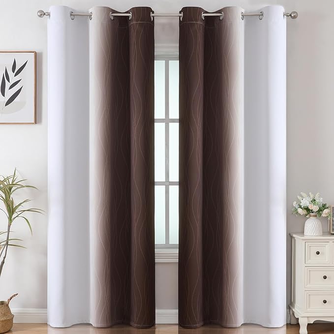 Estelar Textiler Brown and Greyish White Ombre Blackout Curtains for Bedroom, Thermal Insulated Gradient Blackout Drapes, Full Room Darkening Energy Saving Curtains for Living Room, 42Wx84L, 2 Panels