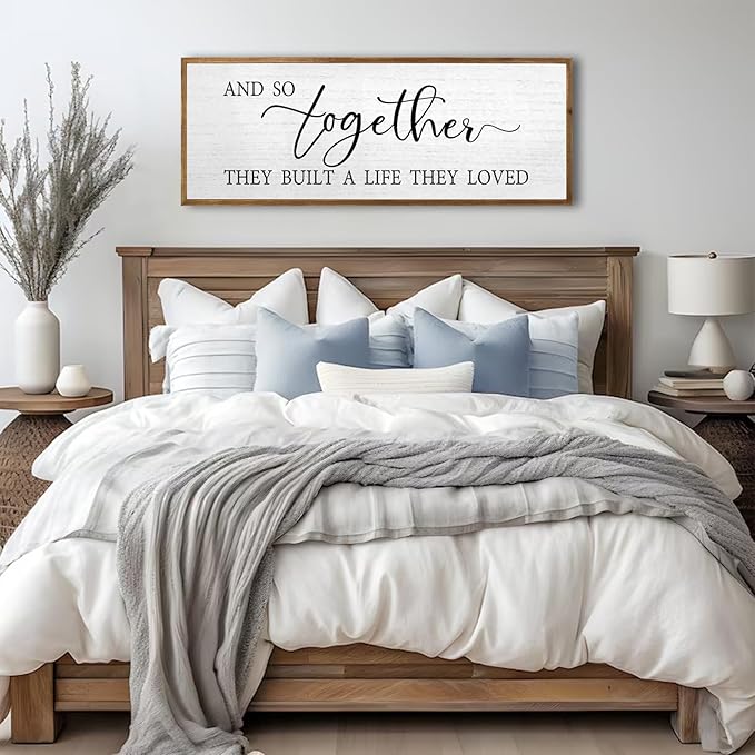 And So Together They Built A Life They Loved Wall Decor 32”X12” Rustic Master Bedroom Large Wood Framed Sign Above Bed Modern Farmhouse Quotes Couple Wall Art Over Bed Hanging Decoration (Wood)