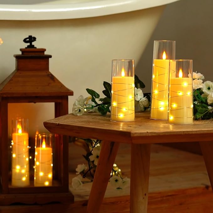 Raycare Flameless LED Candles with Embedded Star String, 5 Pcs Battery Operated Acrylic Pillar Candles with Timer and Remote, Flickering Candle for Romantic Ambiance and Home Decoration(Ivory)