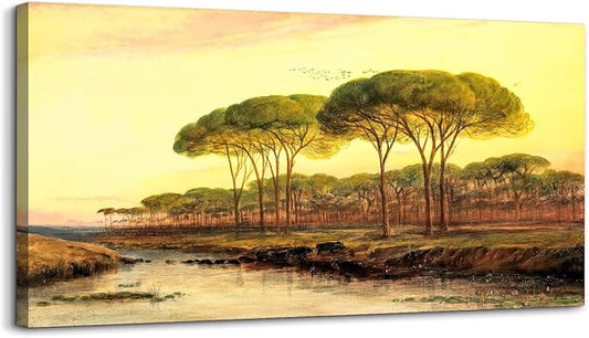 crmotu Large Canvas Wall Art, Sunset Forest Vintage Wall Paintings, Dusk Landscape Art Prints, Riverside Scenery Retro Artwork, Nature Aesthetic Pictures Wall Decor Living Room Bedroom 20"X40"