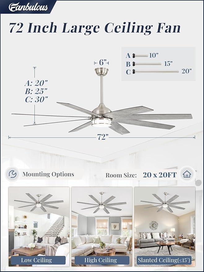 72 Inch Ceiling Fans with Lights, Large Farmhouse Ceiling Fans with Remote, Walnut&Gray Ceiling Fan Fixtures with Bright LED Light for Living Room, Bedroom, Kitchen