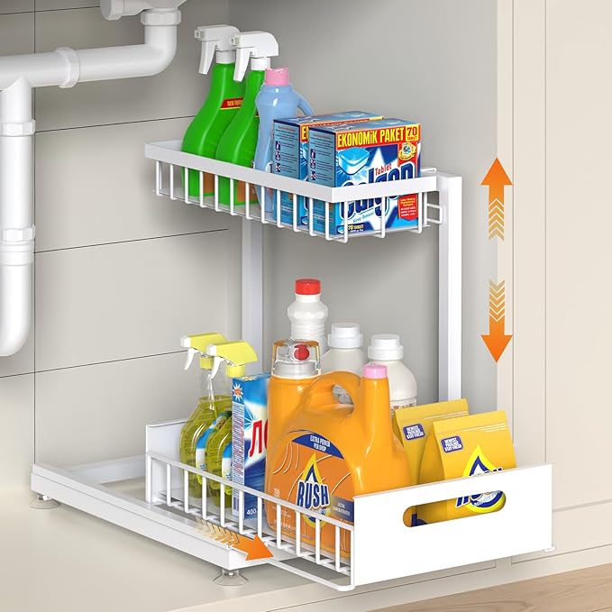 Under Sink Organizer Storage 2-Tier Premium Metal Pull-Out Racks, Height Adjustable, Easy Installation | Kitchen & Bathroom Organizers Pack of 1 White