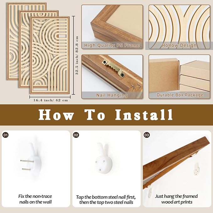 IARTTOP Large Boho Wood Wall Art Set of 3 Framed Wooden Mid-century Modern Wall Decor Minimalist Modern Abstract Geometric Decor for Living Room Bedroom Office-16x32 Inch