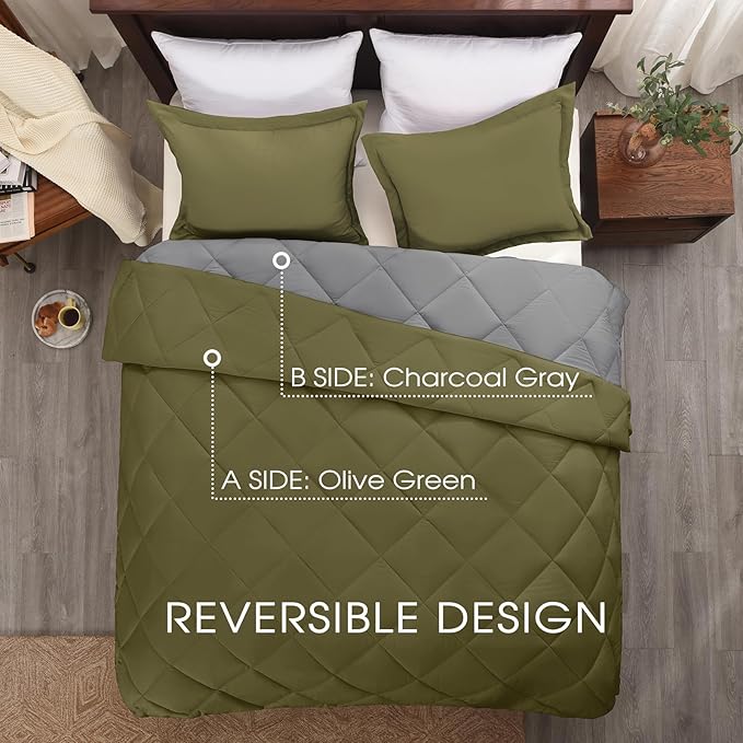 Basic Beyond Queen Comforter Set - Olive Green Comforter Set Queen, Reversible Bed Comforter Queen Set for All Seasons, Olive Green/Charcoal Gray, 1 Comforter (88"x92") and 2 Pillow Shams (20"x26"+2")