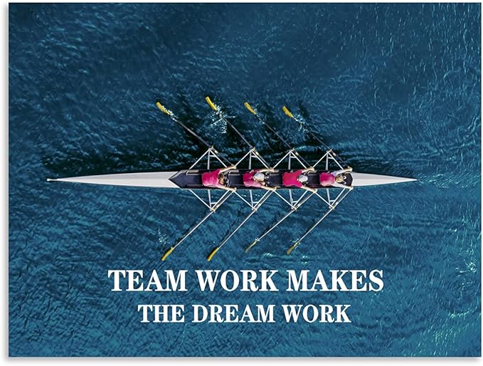Teamwork Canvas Wall Art Motivational Poster Blue Ocean Rowing Team Picture Positive Success Entrepreneur Quote Office Classroom Bedroom Frame Artwork Ready to Hang[30″W X 40′'H]