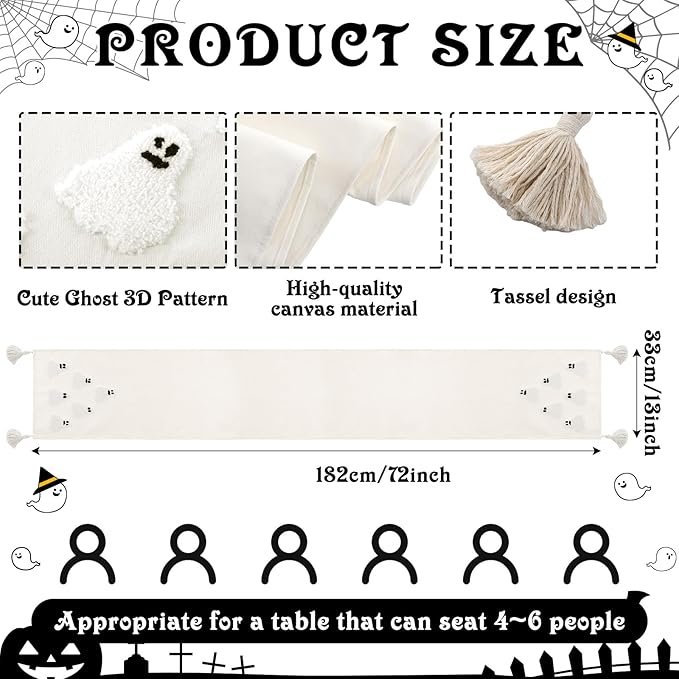 Breling Halloween Ghost Table Runner Jacquard Cute Ghost Halloween Dinner Table Runner Fall Autumn Kitchen Dining Decoration for Kitchen Farmhouse Holiday Party Home Decor 13x72 Inch(Beige)