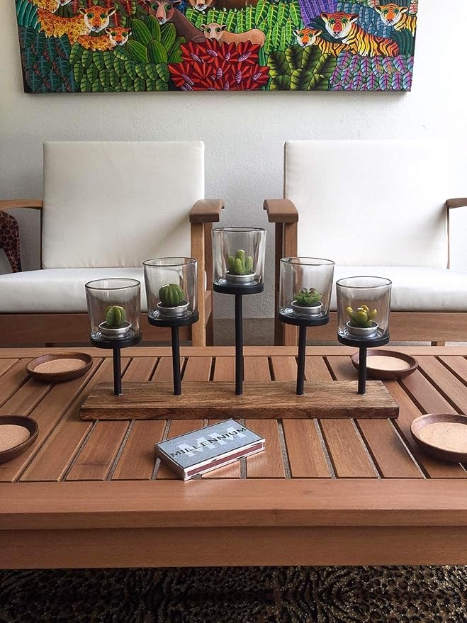 Elegant Decorative Votive Candle Holder Centerpiece, 5 Glass Cups on Wood Base-Tray for Anniversary, Wedding, Dining Table Centerpiece, Decorations Living Room, Decor Coffee Table Centerpiece, Menorah