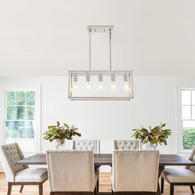 5-Light Pendant Lights for Kitchen Island Modern Dining Room Chandelier Linear Rectangular Kitchen Light Fixtures Hanging Lights for Dining Room Adjustable Height E26 Base Brushed Nickel