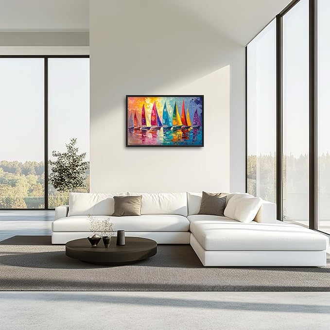 Large Coastal Sailboat Framed Wall Art for Living Room, Colorful Sailboats Canvas Wall Decor, Vintage Nautical Pictures Painting, Modern Landscape Artwork for Bedroom 36L'' × 24W''