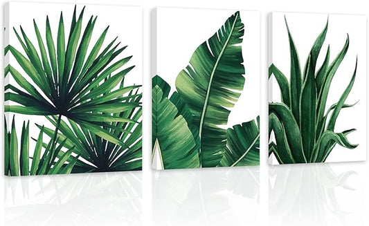 COSCTOR Botanical Wall Art Set of 3 Bathroom Green Plant Tropical leaf Picture Framed Prints for Home Living Room Bedroom Restroom Decoration(Framed,12x16)