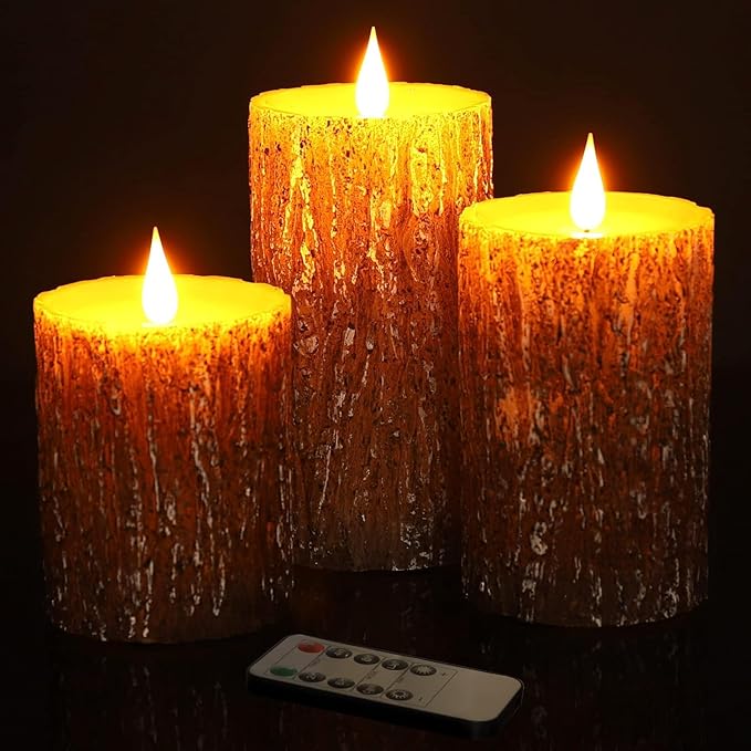 Pine Bark Effect Flameless Candles Battery Operated Pillar Real Wax Flickering Electric LED Candle Sets with Remote Control Cycling 24 Hours Timer, 3" x 4" 5" 6" Pack of 3