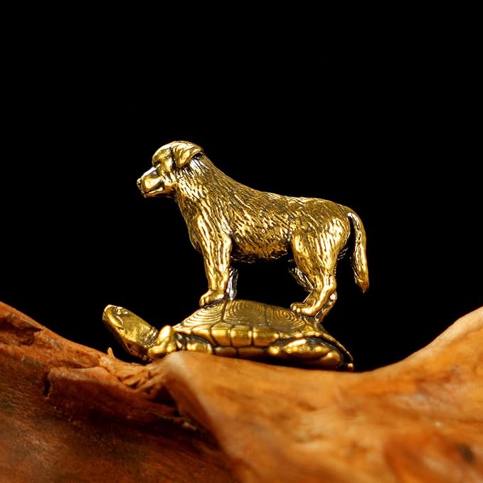 Retro Handcrafted TurtleTop Pup Statue - 100% Solid Brass Desk Decor | Vintage Style Collectible Art Piece for Home & Office | Unique Gift for Animal Lovers, Elegant Tabletop Sculpture