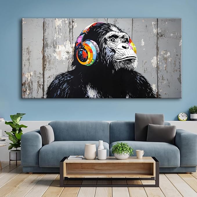 Wall Art Graffiti Gorilla Abstract Canvas Painting Textured Picture, Modern Landscape Artwork Framed for Living Room Bedroom Bathroom Office Home Decor 58x28in
